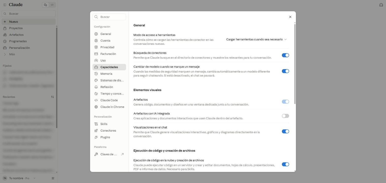 Configuración, sección Capacidades, con Artefactos activado y Ejecución de código en la nube y creación de archivos activado