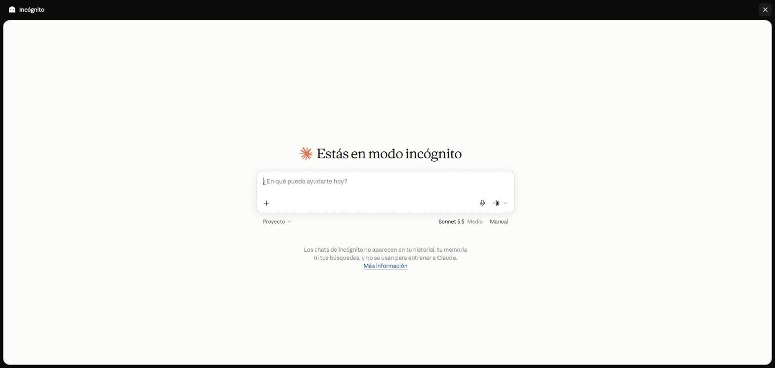 Chat de incógnito con el mensaje Estás en modo incógnito y la barra superior Incógnito