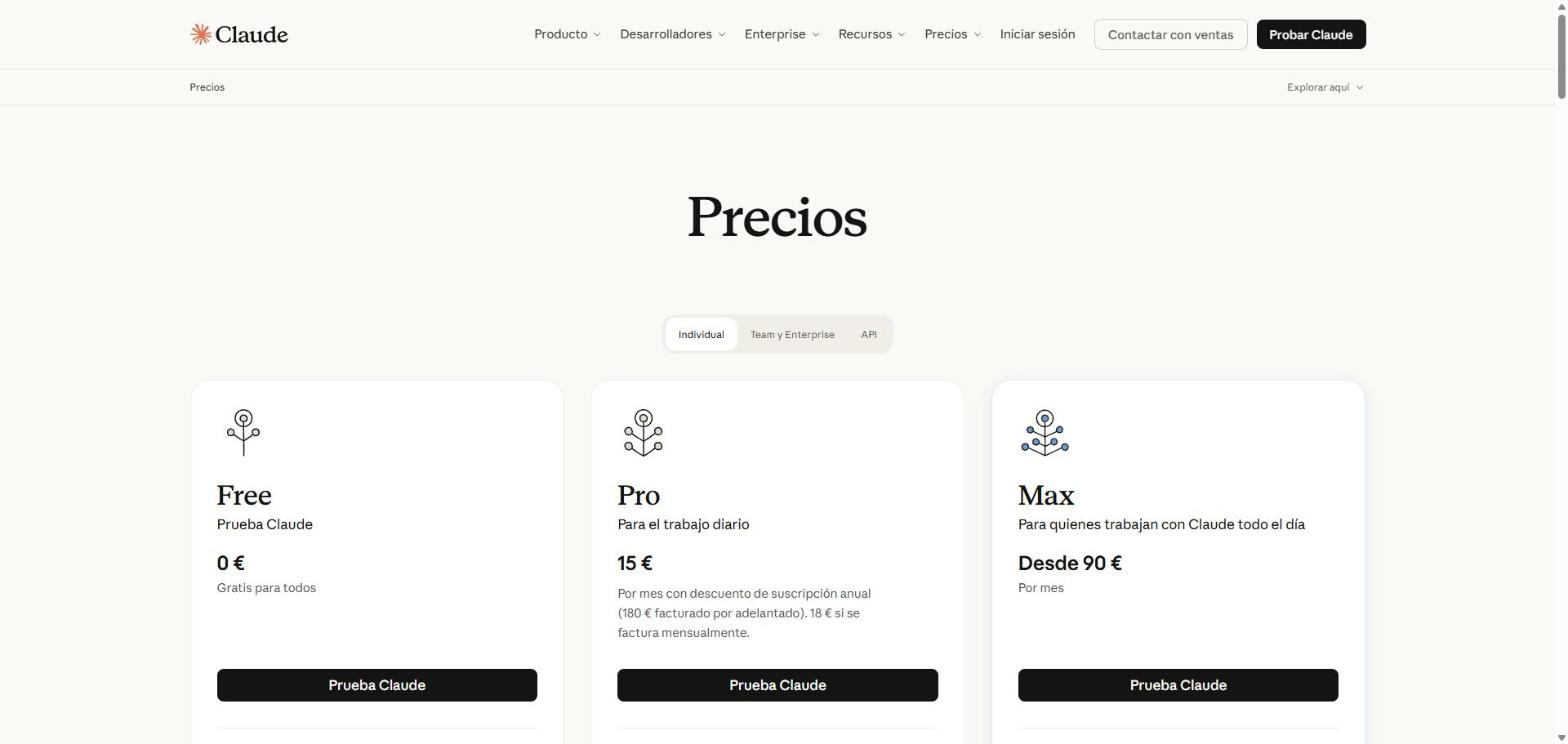 Página de precios de Claude con los planes Free, Pro y Max