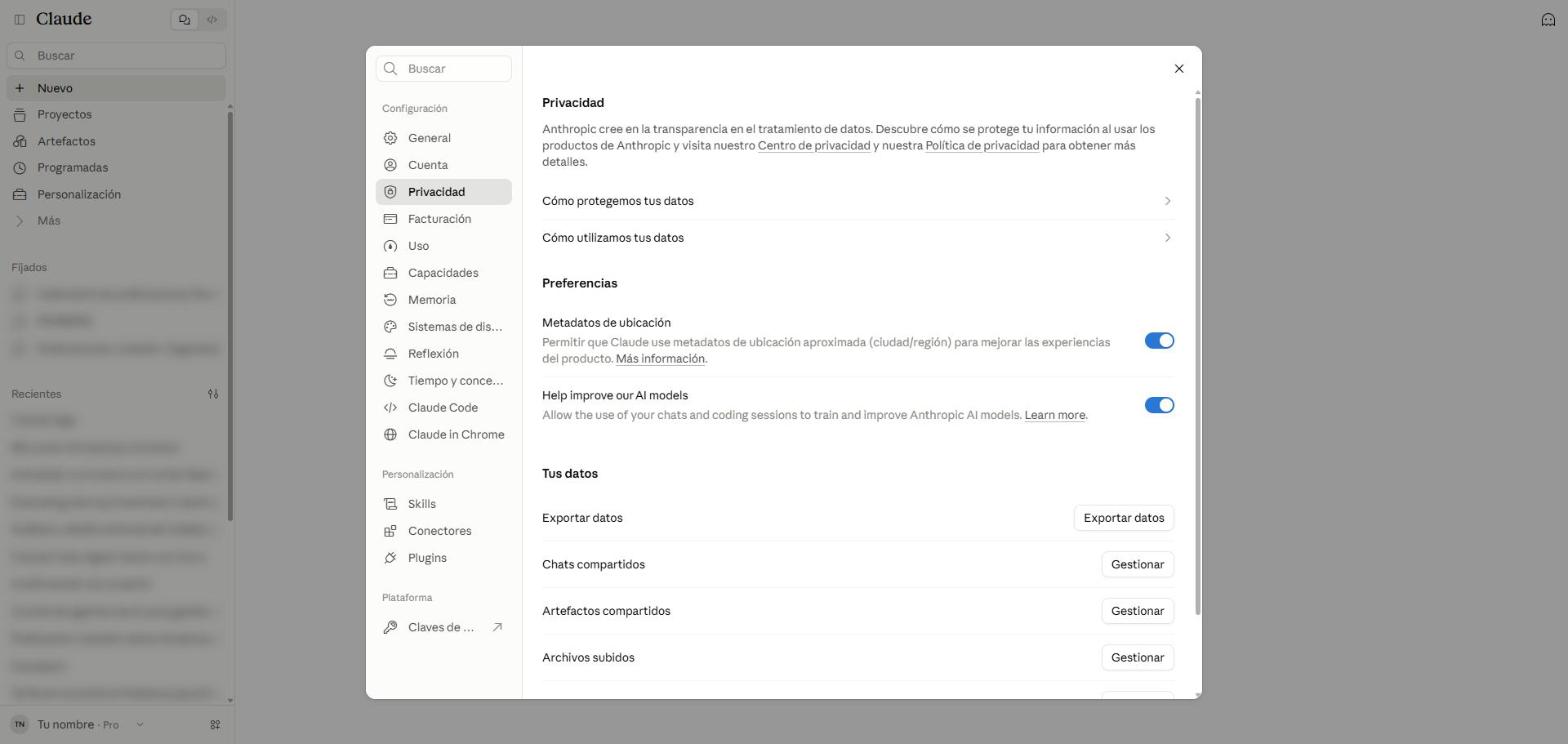 Configuración, sección Privacidad, con los interruptores Metadatos de ubicación y Help improve our AI models y el apartado Tus datos
