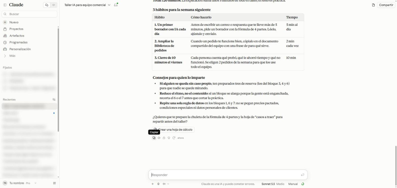 Barra de acciones debajo de una respuesta con el botón Copiar resaltado