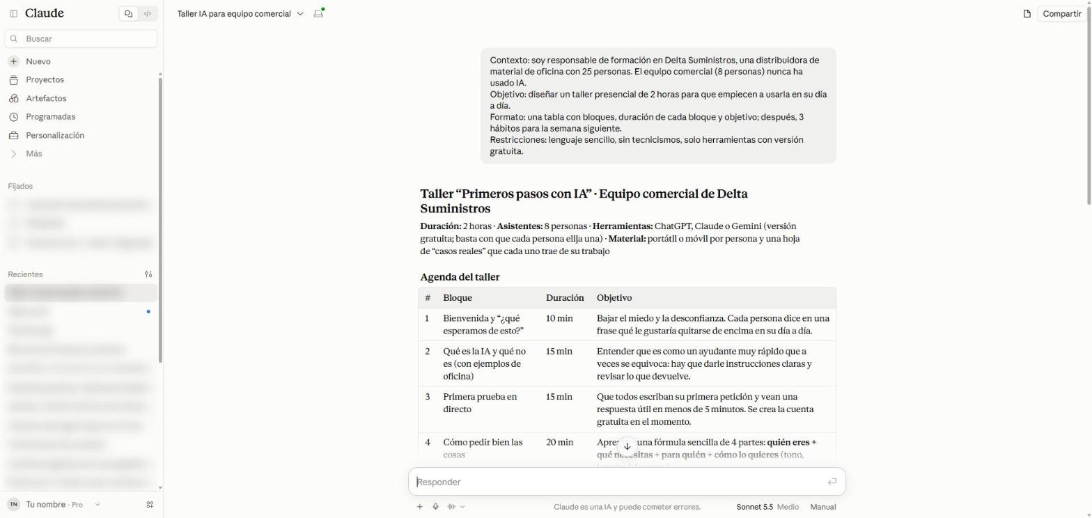 Respuesta de Claude con el título Taller Primeros pasos con IA para el equipo comercial de Delta Suministros y el inicio de la agenda
