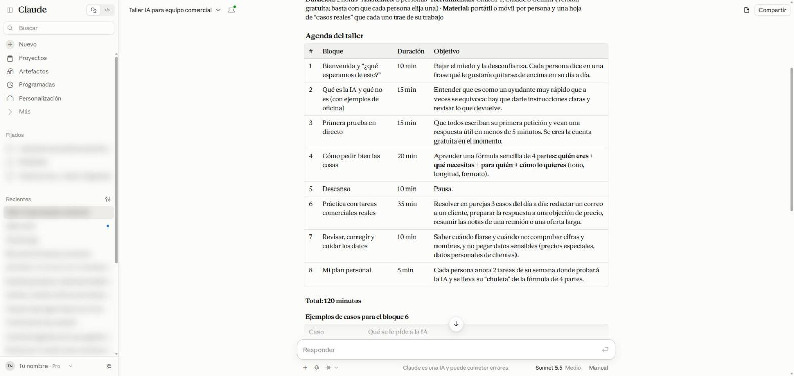 Tabla de la agenda del taller con 8 bloques, su duración y su objetivo, y el total de 120 minutos