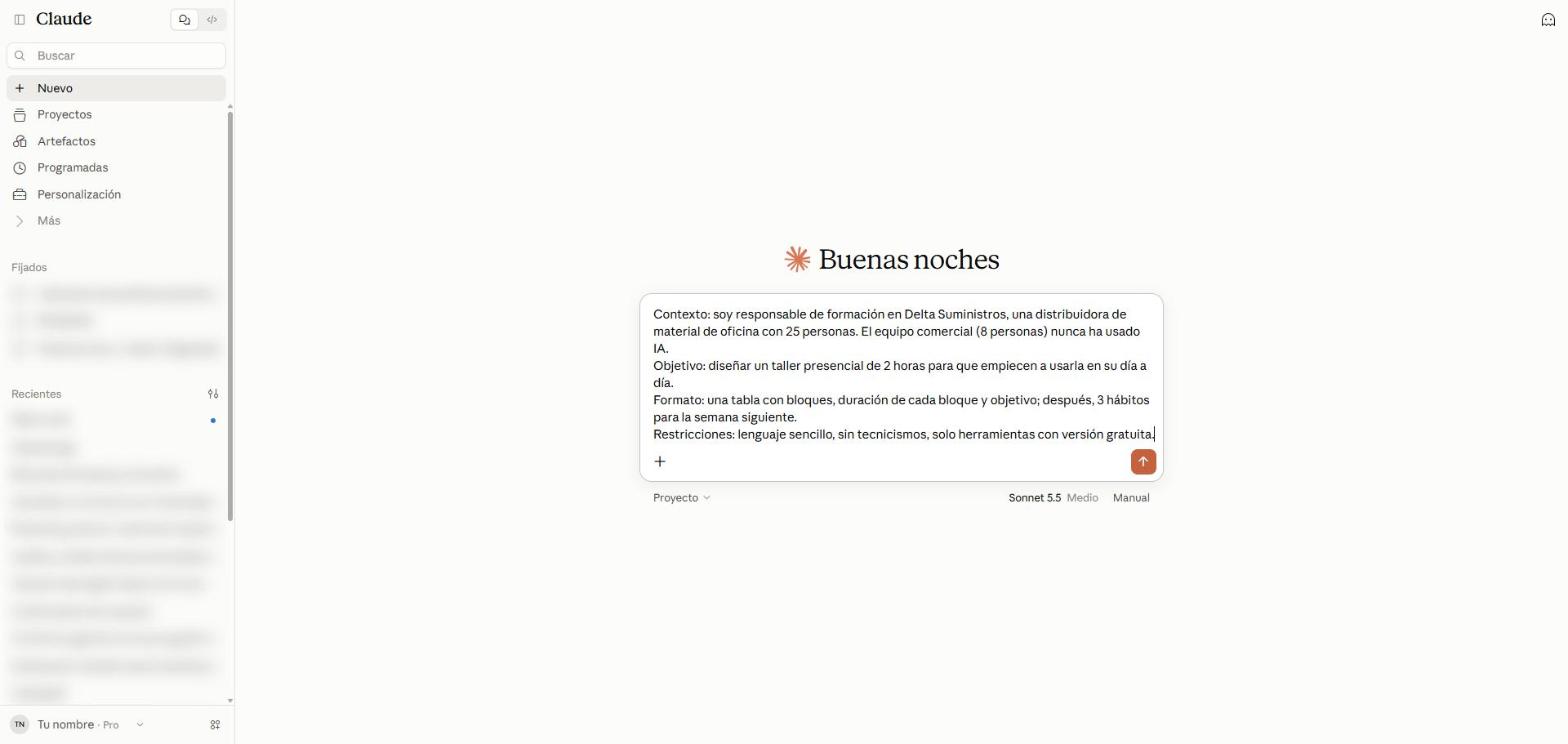 Chat nuevo con el prompt estructurado de cuatro líneas escrito en la caja de texto antes de enviarlo