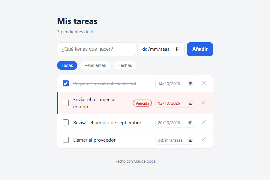 La app con un campo de fecha en cada tarea y la tarea Enviar el resumen al equipo resaltada en rojo con la etiqueta Vencida
