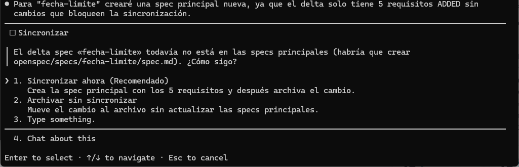 Pregunta Sincronizar: el delta spec fecha-limite todavía no está en las specs principales, con las opciones Sincronizar ahora (recomendado) y Archivar sin sincronizar
