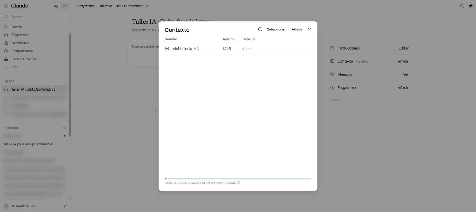 Panel Contexto con el fichero brief taller ia en formato MD de 1,2 kB y el indicador 1 archivo · 1% de la capacidad del proyecto utilizada
