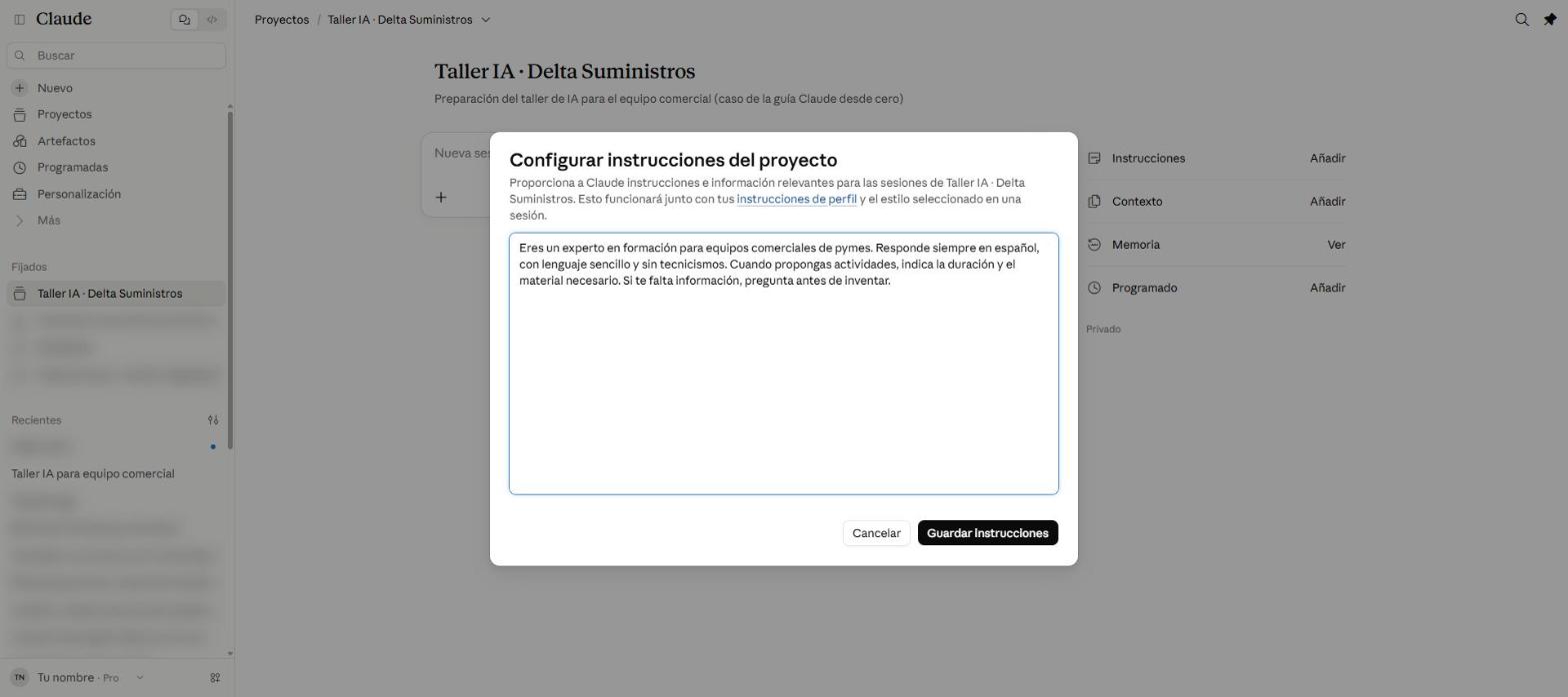 Ventana Configurar instrucciones del proyecto con el texto de las instrucciones