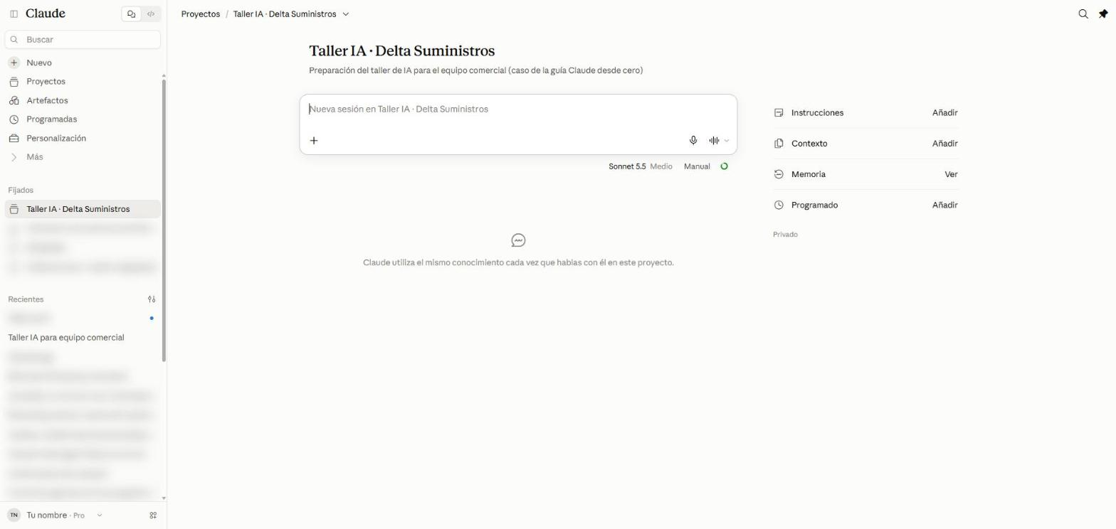 Página del proyecto recién creado con la caja Nueva sesión y el panel lateral con Instrucciones, Contexto, Memoria y Programado