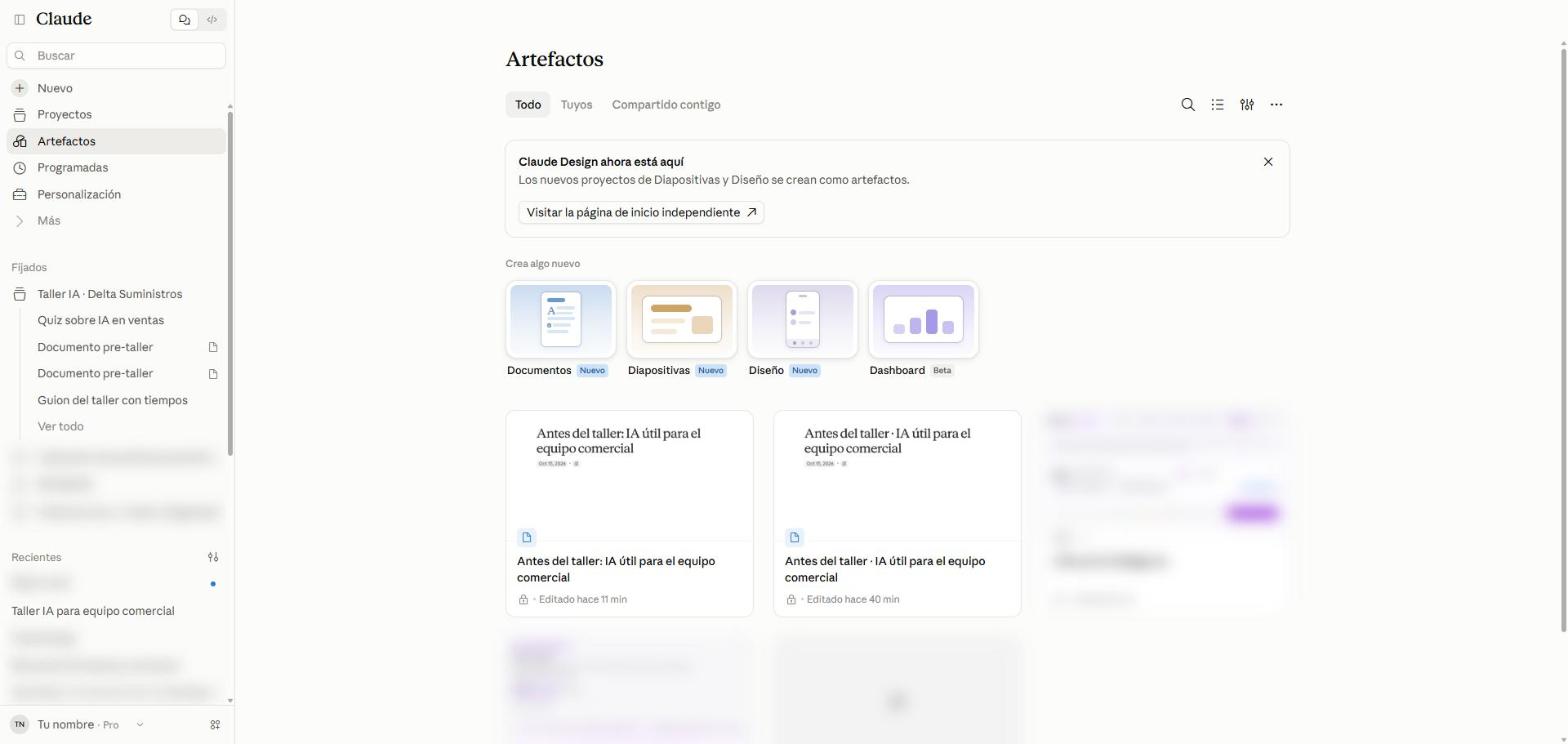 Página Artefactos con las pestañas Todo, Tuyos y Compartido contigo, las plantillas Documentos, Diapositivas, Diseño y Dashboard y los documentos creados