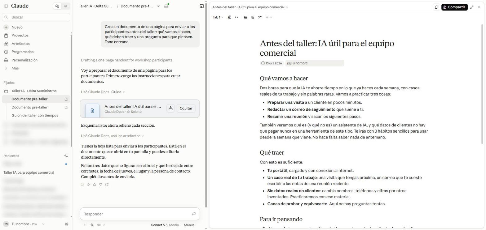 Conversación a la izquierda y, a la derecha, el documento Antes del taller: IA útil para el equipo comercial con las secciones Qué vamos a hacer y Qué traer