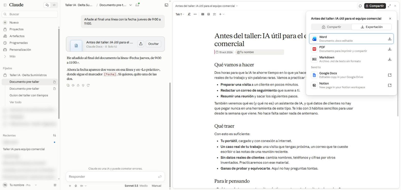 Panel de exportación con las opciones Word, PDF y Markdown y el envío a Google Docs y Notion
