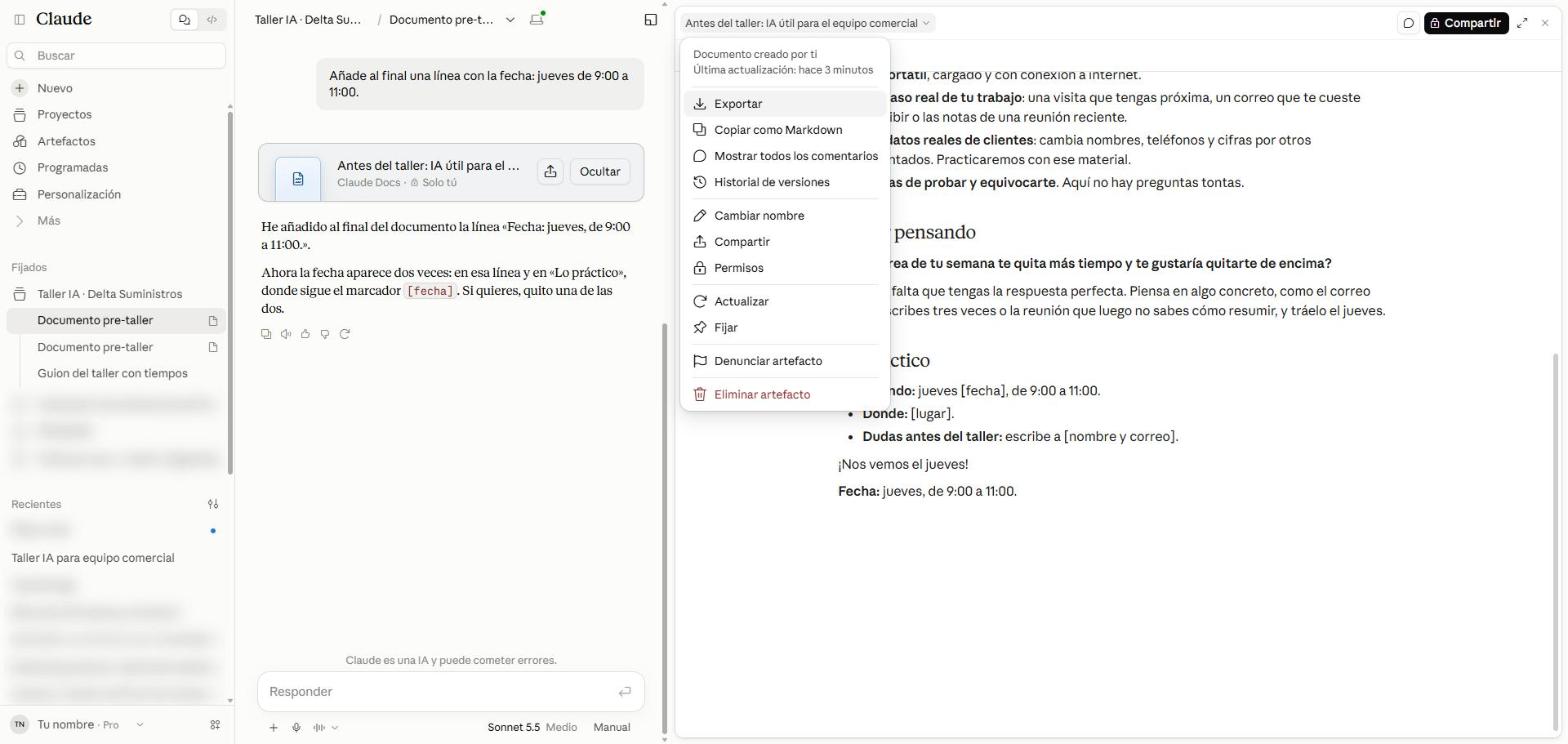 Menú de opciones del artefacto con Exportar, Copiar como Markdown, Mostrar todos los comentarios, Historial de versiones, Cambiar nombre, Compartir y más