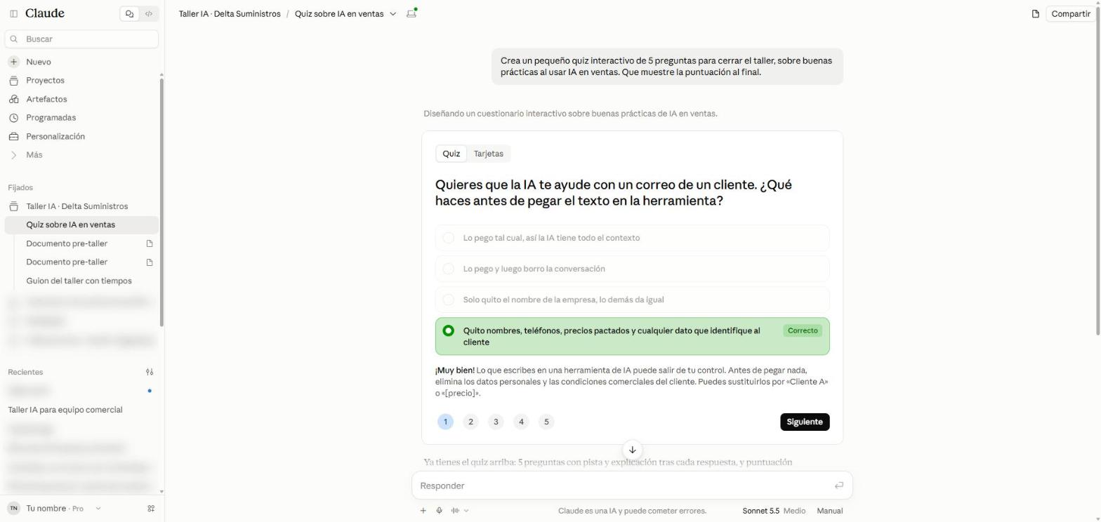 Quiz interactivo dentro de la conversación con la primera pregunta respondida correctamente y el botón Siguiente