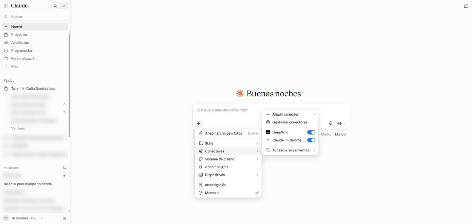 Menú + abierto con el submenú Conectores y el interruptor DeepWiki activado