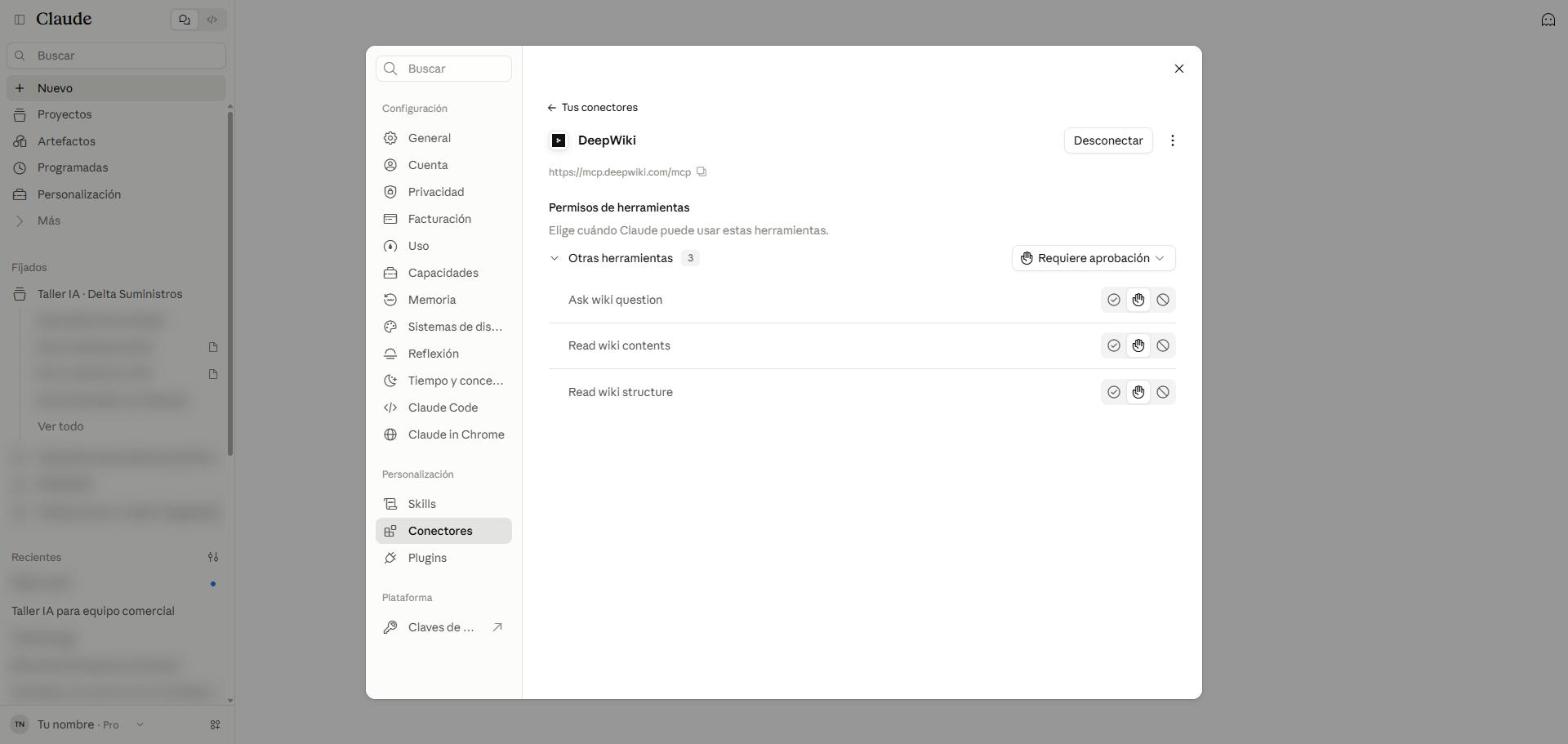 Página del conector DeepWiki conectado con la sección Permisos de herramientas y tres herramientas en Requiere aprobación