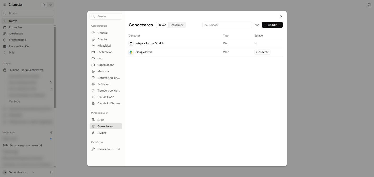 Página Conectores con las pestañas Tuyos y Descubrir, el botón Añadir y una tabla con los conectores Integración de GitHub y Google Drive