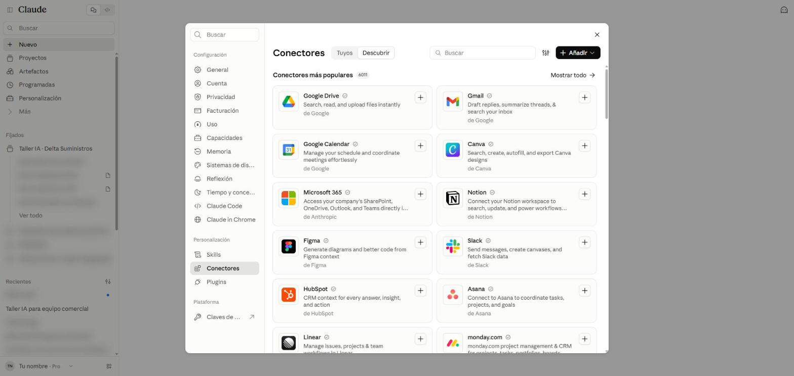 Pestaña Descubrir con los conectores más populares: Google Drive, Gmail, Google Calendar, Canva, Microsoft 365, Notion, Figma, Slack y otros