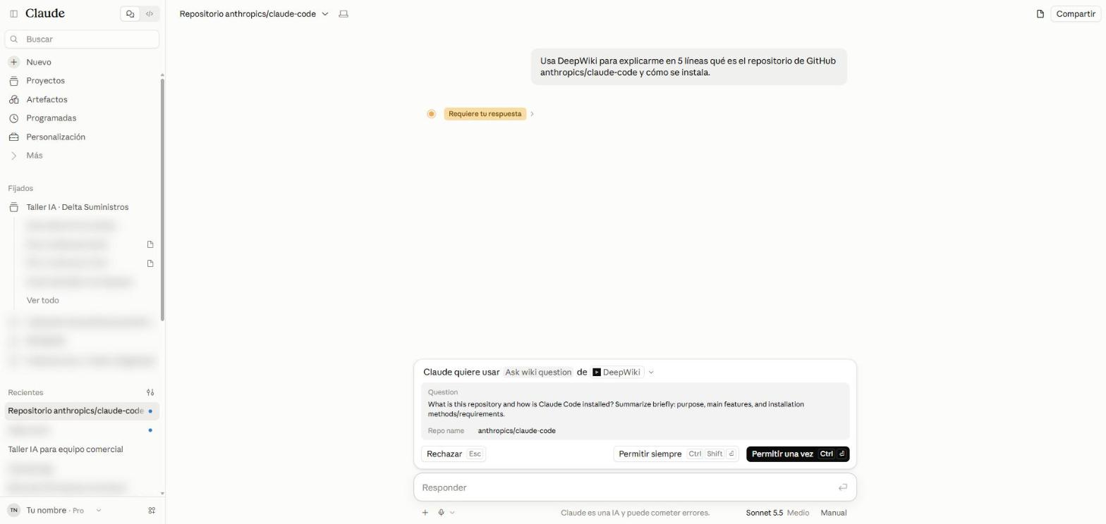 Petición de permiso: Claude quiere usar Ask wiki question de DeepWiki, con los botones Rechazar, Permitir siempre y Permitir una vez