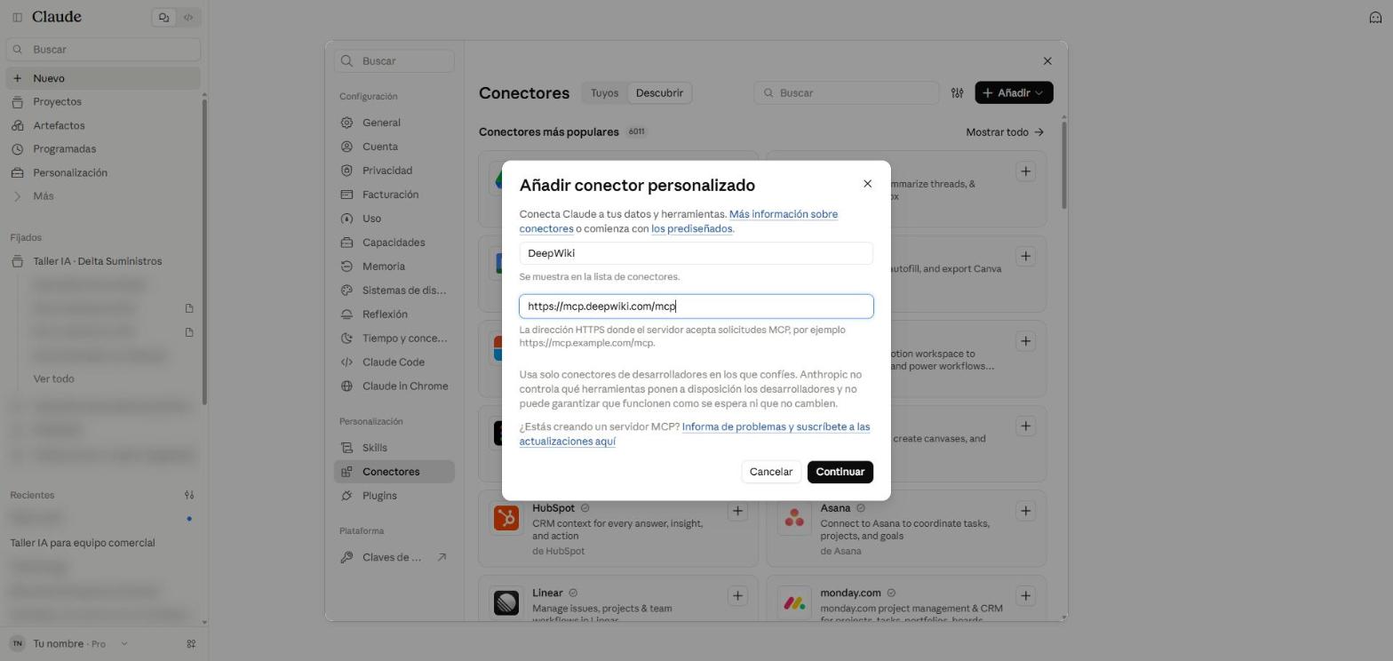 Formulario de conector personalizado con el nombre DeepWiki y la URL del servidor MCP rellenados y el aviso de usar solo conectores de confianza