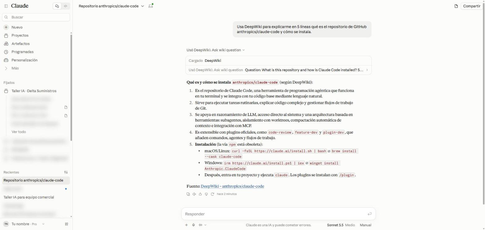Respuesta de Claude en cinco puntos sobre qué es Claude Code y cómo se instala, con el bloque Usó DeepWiki: Ask wiki question desplegado y la fuente DeepWiki