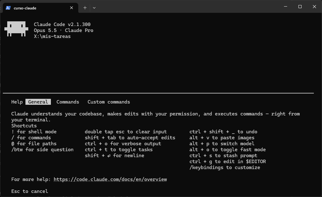 Ayuda de Claude Code con los atajos: ! para modo shell, / para comandos, @ para rutas de ficheros, shift+tab para cambiar de modo y otros