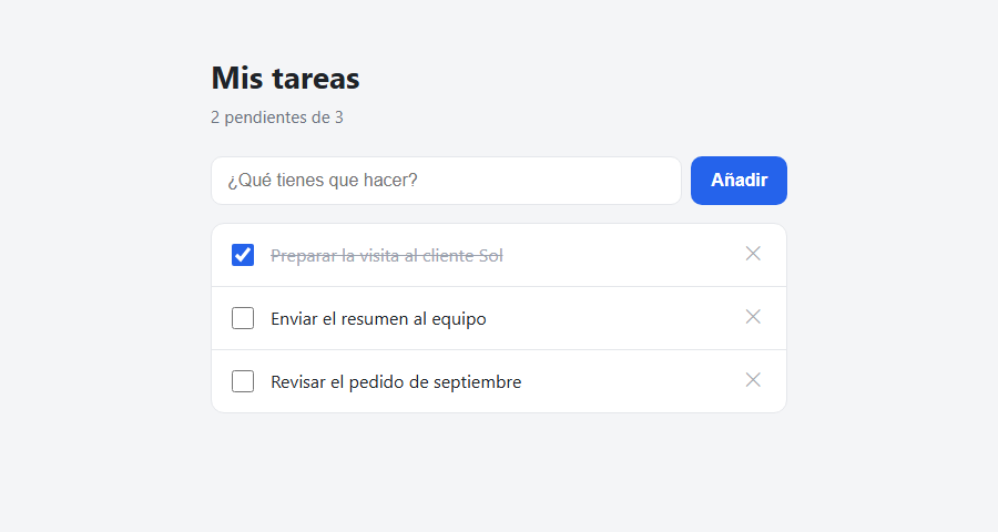 La app Mis tareas en el navegador con la caja ¿Qué tienes que hacer?, el botón Añadir y tres tareas, una de ellas tachada