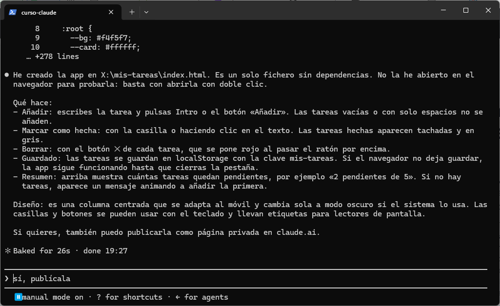 Resumen de Claude: he creado la app en index.html, qué hace (añadir, marcar como hecha, borrar, guardado, resumen) y el diseño