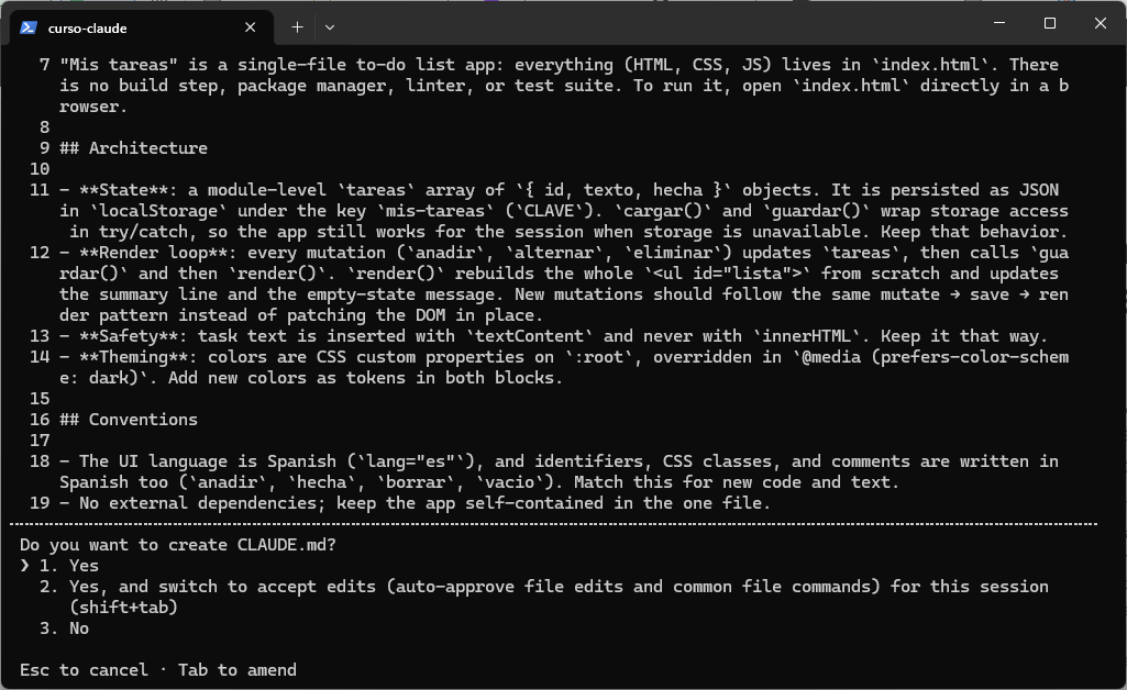 Propuesta de CLAUDE.md generada por /init con las secciones Architecture y Conventions y la pregunta Do you want to create CLAUDE.md?
