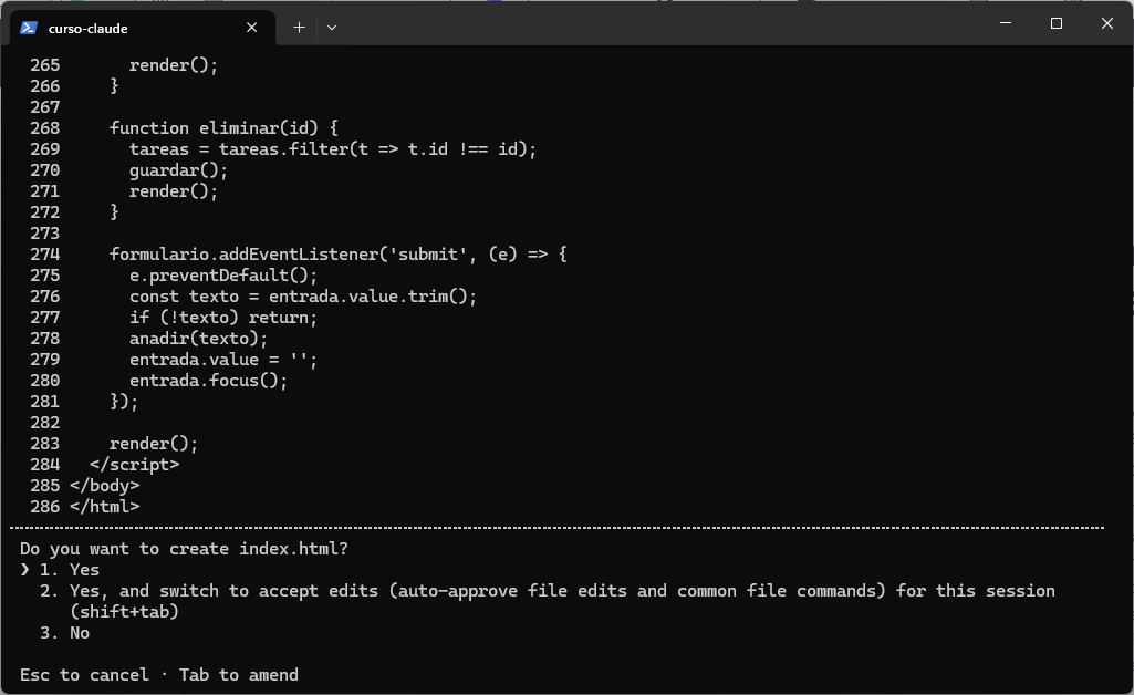 Claude Code muestra el final del código de index.html y pregunta Do you want to create index.html? con las opciones Yes, Yes and switch to accept edits y No