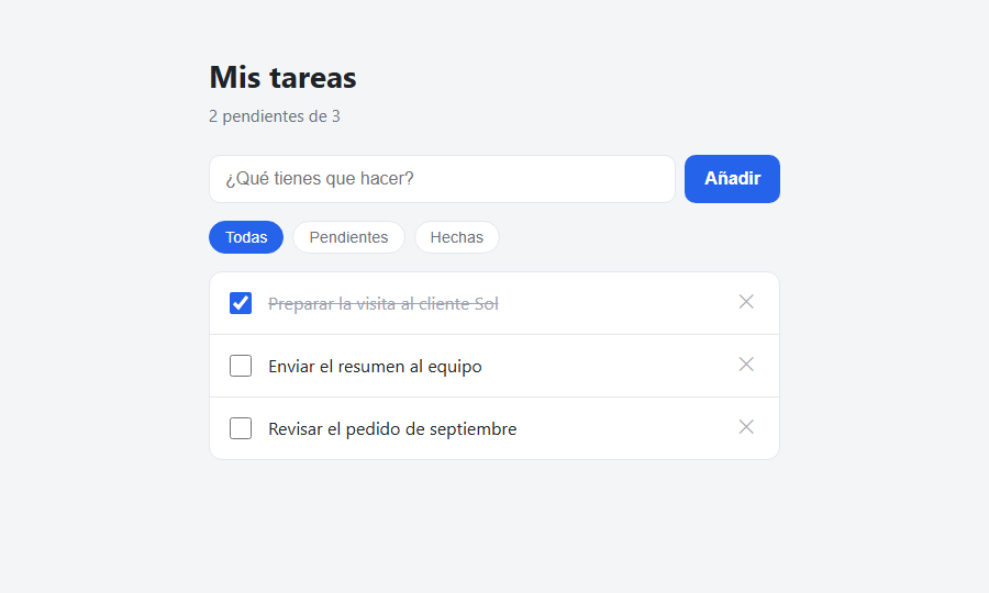 La app con los botones de filtro Todas, Pendientes y Hechas encima de la lista
