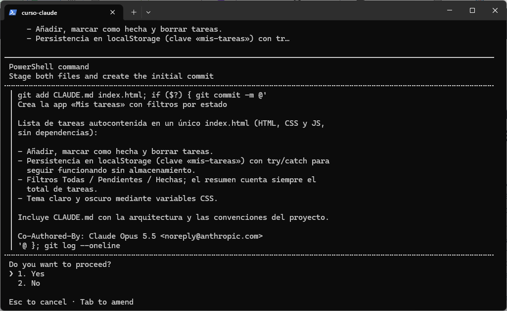 Petición de permiso para un comando de terminal: git add y git commit con un mensaje en español, Do you want to proceed?