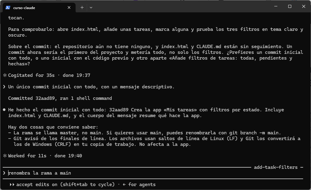 Confirmación del commit 32aad89 Crea la app Mis tareas con filtros por estado y avisos sobre la rama master y los finales de línea