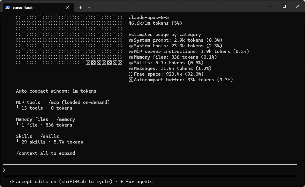 Resultado de /context con una cuadrícula de uso, 46,6k de 1m tokens (5%) y el desglose por categorías: system prompt, herramientas, memoria, skills, mensajes y espacio libre