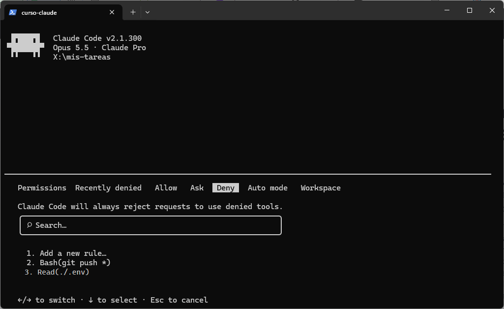 Diálogo de permisos en la pestaña Deny con Bash(git push *) y Read(./.env)