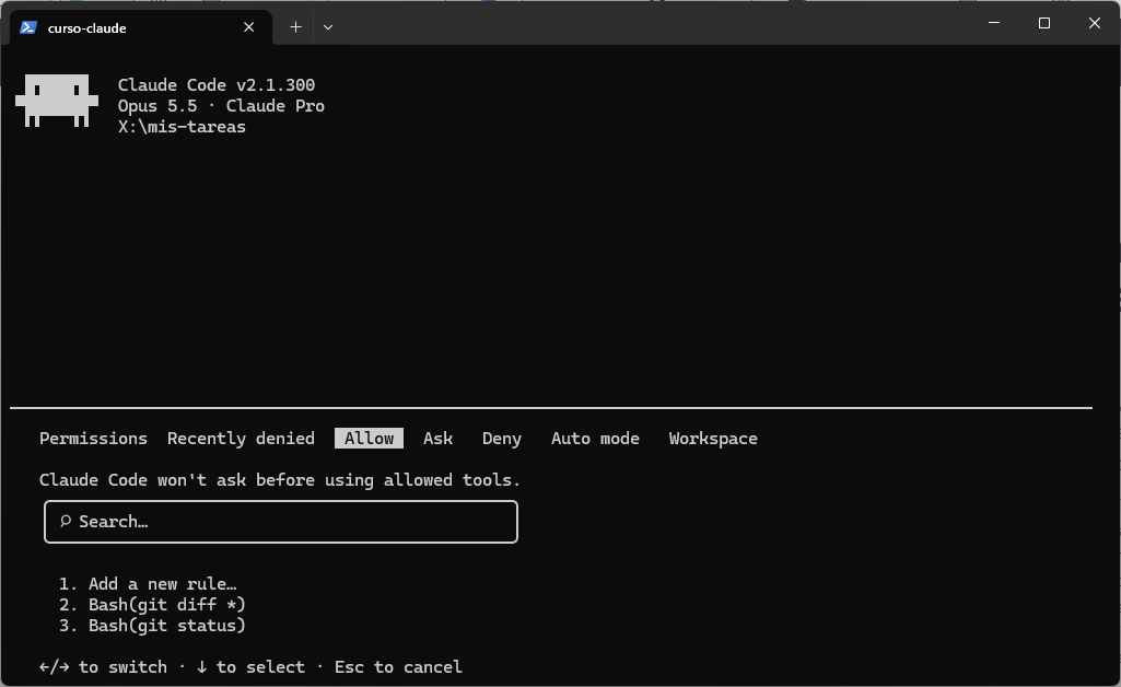Diálogo de permisos en la pestaña Allow con Bash(git diff *) y Bash(git status)