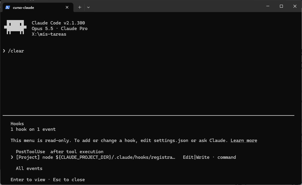 Pantalla /hooks con 1 hook en PostToolUse: node ${CLAUDE_PROJECT_DIR}/.claude/hooks/registra... para Edit|Write