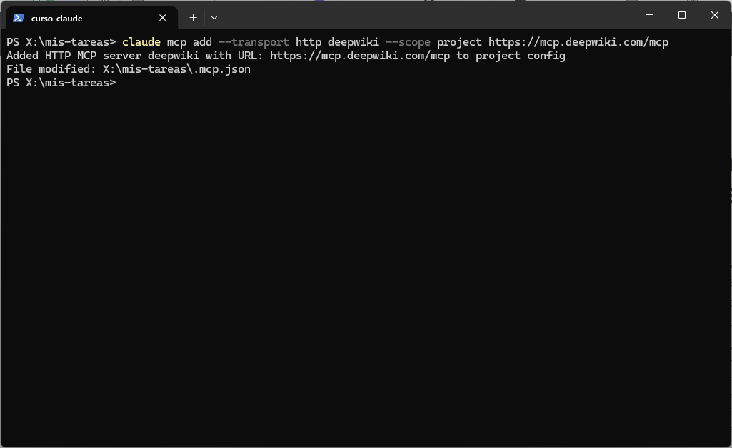 Resultado del comando: Added HTTP MCP server deepwiki with URL https://mcp.deepwiki.com/mcp to project config, File modified: .mcp.json