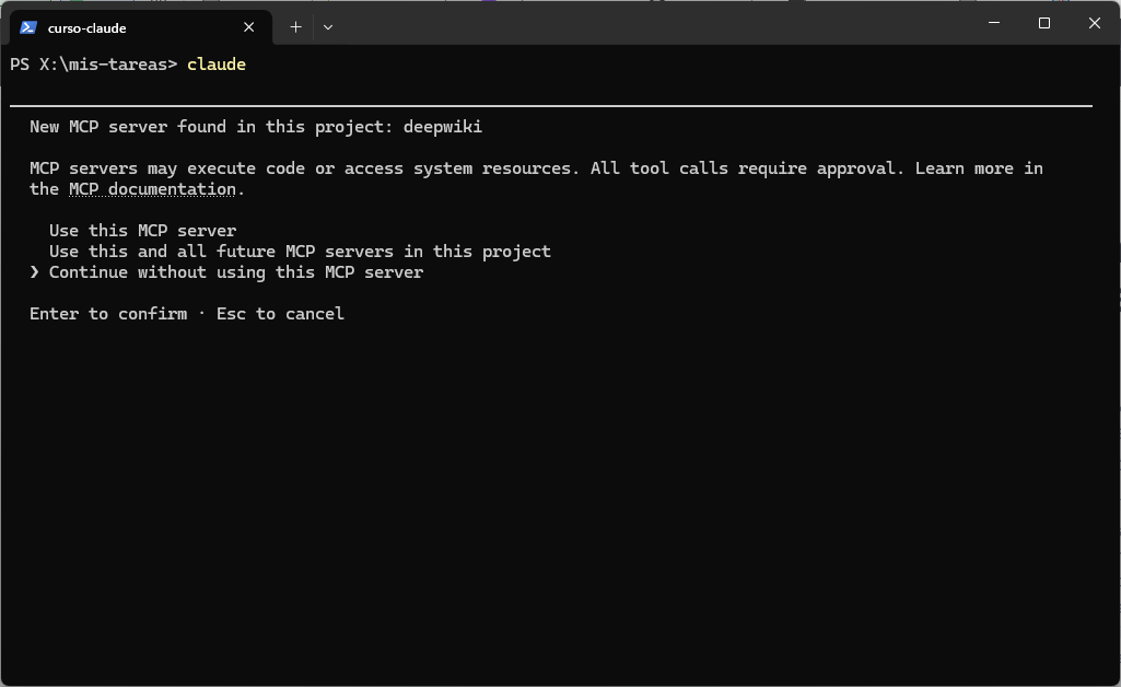 Aviso New MCP server found in this project: deepwiki, con las opciones Use this MCP server, Use this and all future MCP servers y Continue without using this MCP server