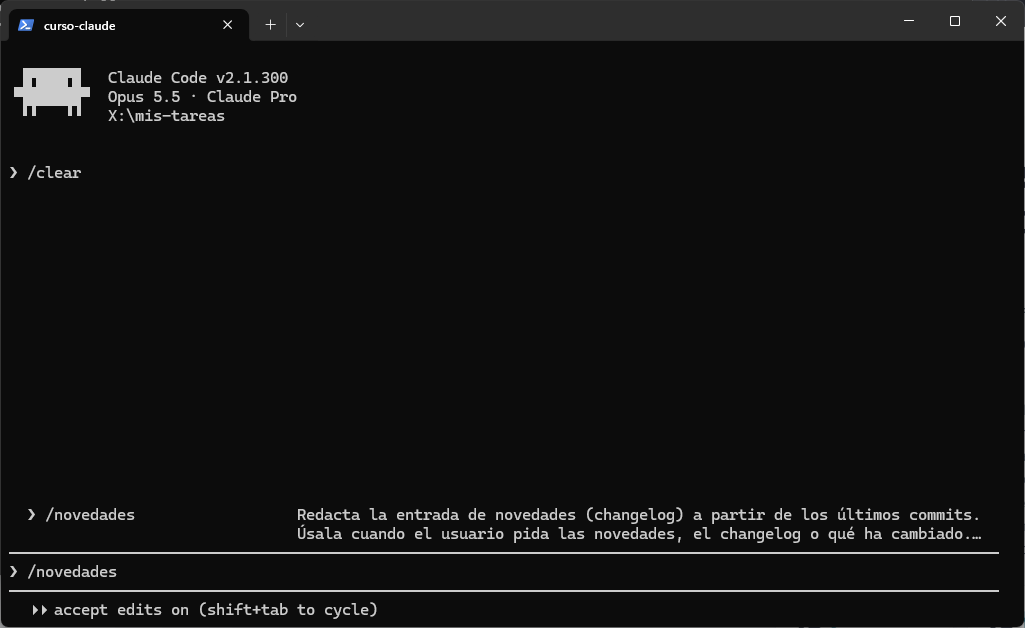 Al escribir /novedades aparece la skill en el menú con su descripción