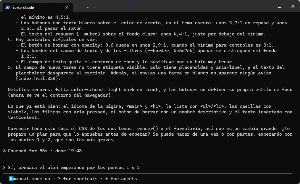 Resultado de la revisión de accesibilidad con problemas de contraste, controles difíciles de ver y etiqueta del campo, lo que ya está bien y la propuesta de preparar un plan